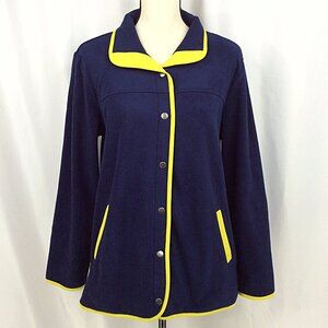 Susan Graver Weekend Polar Fleece Jacket Womens Size Large Navy Blue Yellow Snap